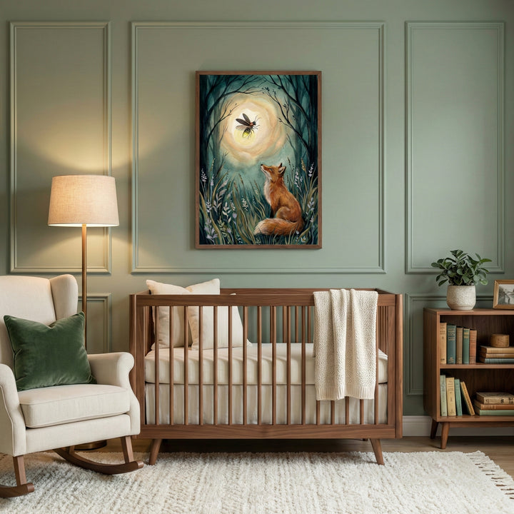 A serene nursery with soft sage green paneled walls, featuring a wooden crib beneath a framed woodland illustration of a fox sitting in tall grass and gazing up at a glowing firefly, styled with a cozy armchair, floor lamp, bookshelf, and warm, natural textures.