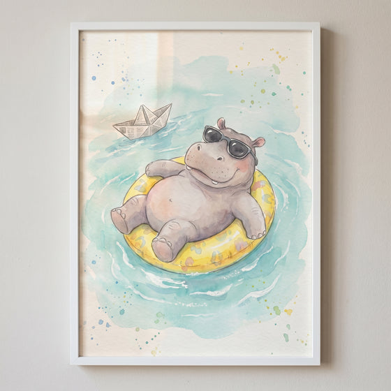 Whimsical yellow floatie hippo artwork of a cute hippo in sunglasses and a paper boat on light blue water.