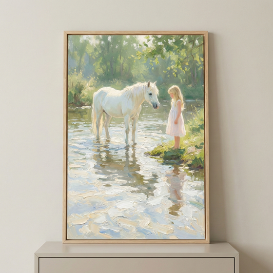 A softly lit framed painting of a young girl in a pale dress standing at the edge of a shallow stream, facing a white pony that stands in the water beneath leafy green trees. The impressionist brushstrokes capture gentle reflections on the rippling surface and warm sunlight filtering through the forest, creating a peaceful and storybook inspired scene suitable for a nursery or child’s room.