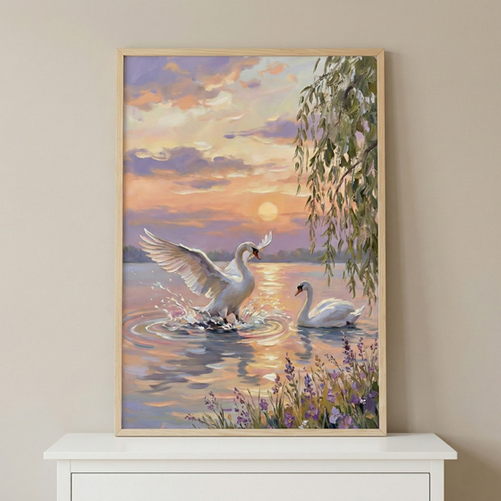An impressionistic artwork depicting two white swans on a tranquil lake during a vibrant sunset. One swan is captured in an active moment, with its wings fully spread and water splashing around its base as it moves through the water. Beside it, another swan glides calmly, its reflection shimmering on the lake's surface.
