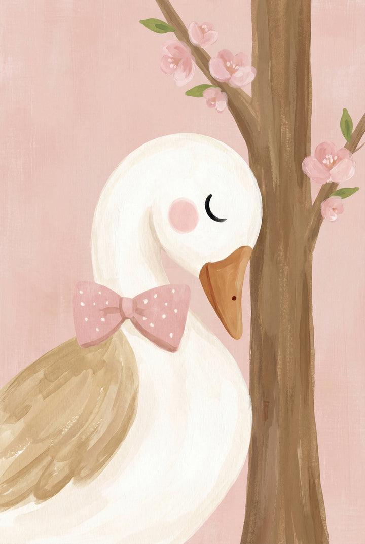 Close up illustration of a white duck with closed eyes and a pink polka dot bow tie resting beside a brown tree trunk with pale pink blossoms on a soft pink background.