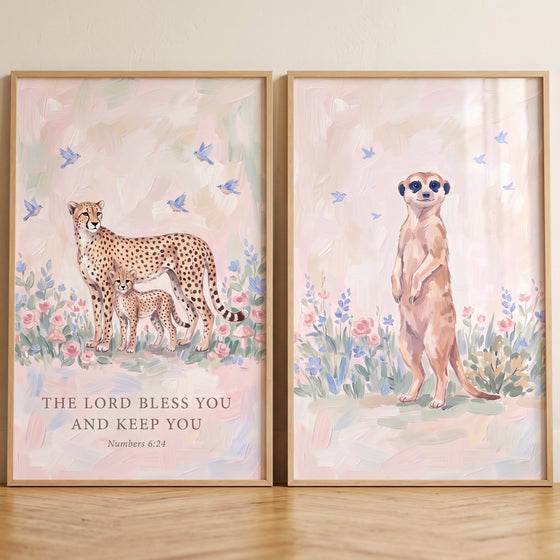 Wildflower field safari animals wall art set of 2 features a cheetah, cub, and meerkat with florals and a Bible verse.