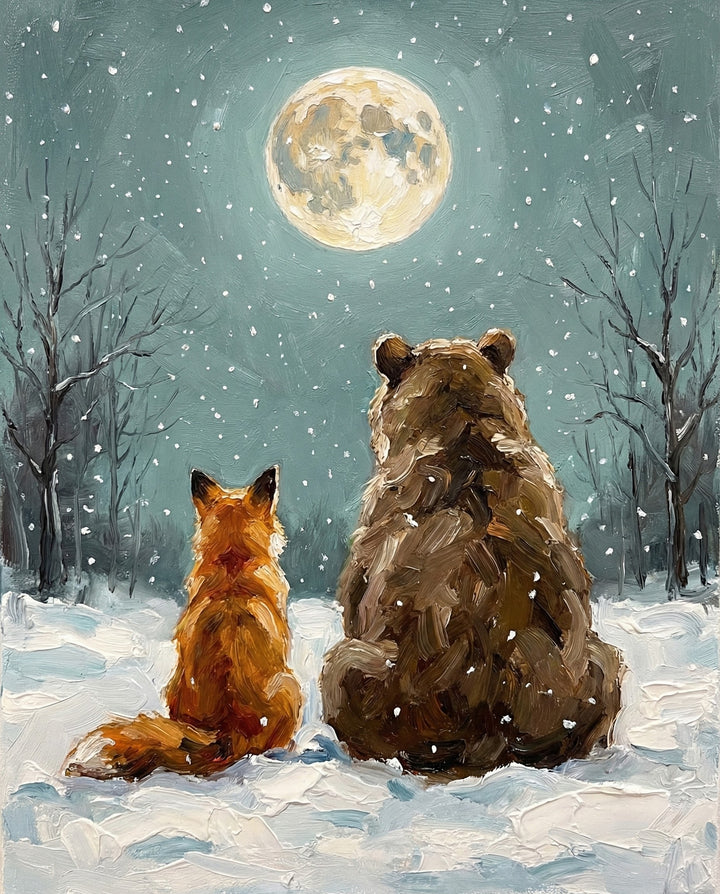 A whimsical painting of a bear and a fox sitting side by side in a snowy forest, gazing up at a glowing full moon with snowflakes falling gently around them.