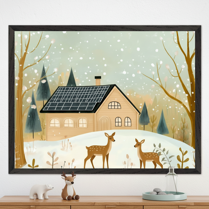 Child's room with a light wood dresser. A large framed illustration of a winter scene featuring a house with solar panels, snowy trees, and two deer hangs centered above. On the dresser are a white polar bear, a deer figurine, and a clear vase with stones.