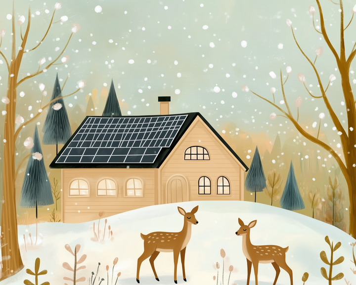 A cozy cabin with solar panels on the roof sits in a snowy landscape, surrounded by bare trees and evergreen pines. Two deer stand gracefully on the snow-covered ground, with snowflakes gently falling around them.