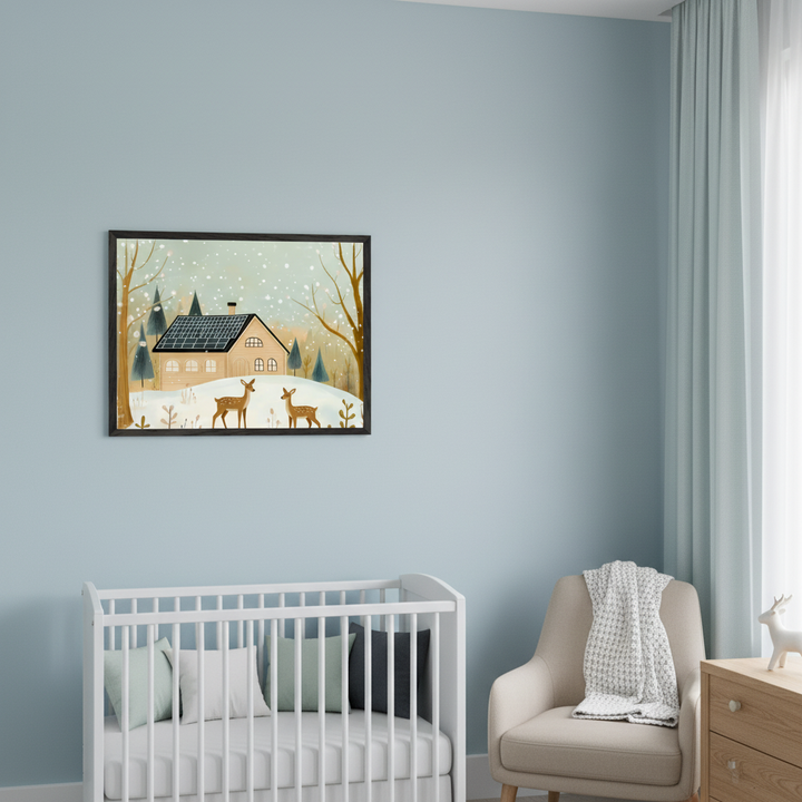 Modern nursery with a light blue wall. A framed illustration of a snowy winter scene featuring a house with solar panels, trees, and two deer hangs above a white crib with pillows and a beige armchair with a blanket. Light blue curtains are on the right.