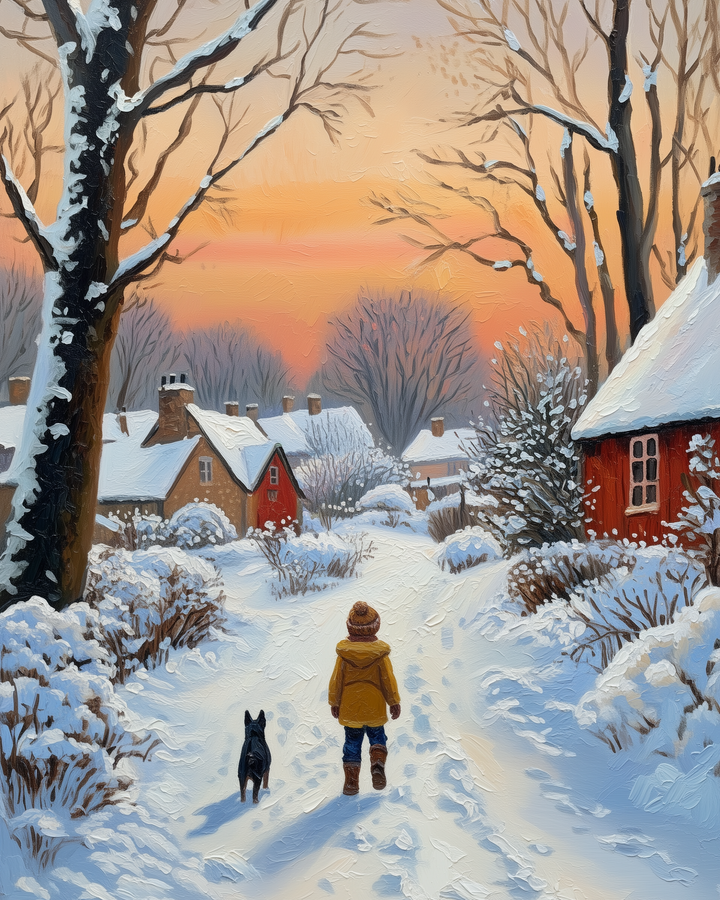 A child in a yellow coat and hat walks with a small black dog down a snow-covered village path, surrounded by snow-laden trees and quaint houses with chimneys. The sky is painted in warm shades of orange and pink, suggesting a winter sunset.