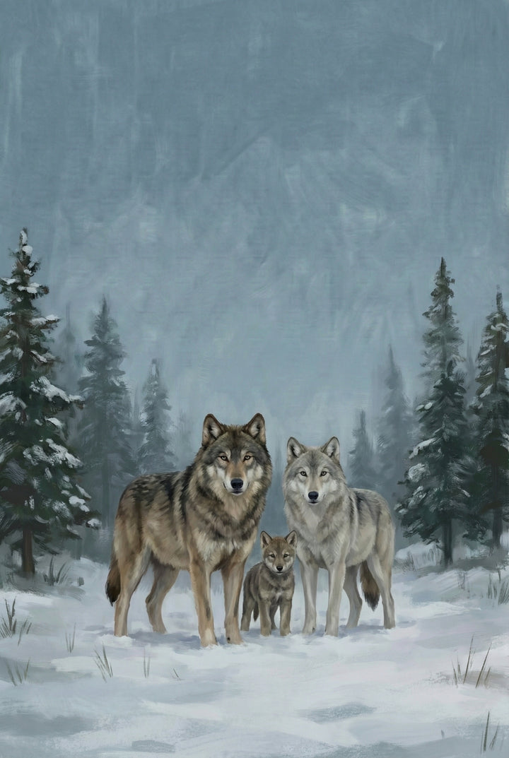 Three wolves—two adults and a pup—stand alert in a snowy clearing surrounded by pine trees. The soft winter light and detailed fur textures evoke a quiet but powerful presence in the wilderness.