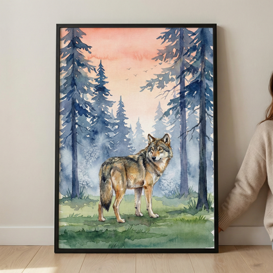A vertical framed watercolor illustration featuring a solitary wolf standing in a misty forest. The wolf has detailed fur in shades of brown, tan, and gray, looking back over its shoulder. Behind the animal, tall blue-toned pine trees rise into a soft pink and orange gradient sky. Small silhouettes of birds fly in the distant sky. The foreground shows green grass with delicate brushstrokes. The artwork is set in a thin black frame, leaning against a white wall on a light wood floor.