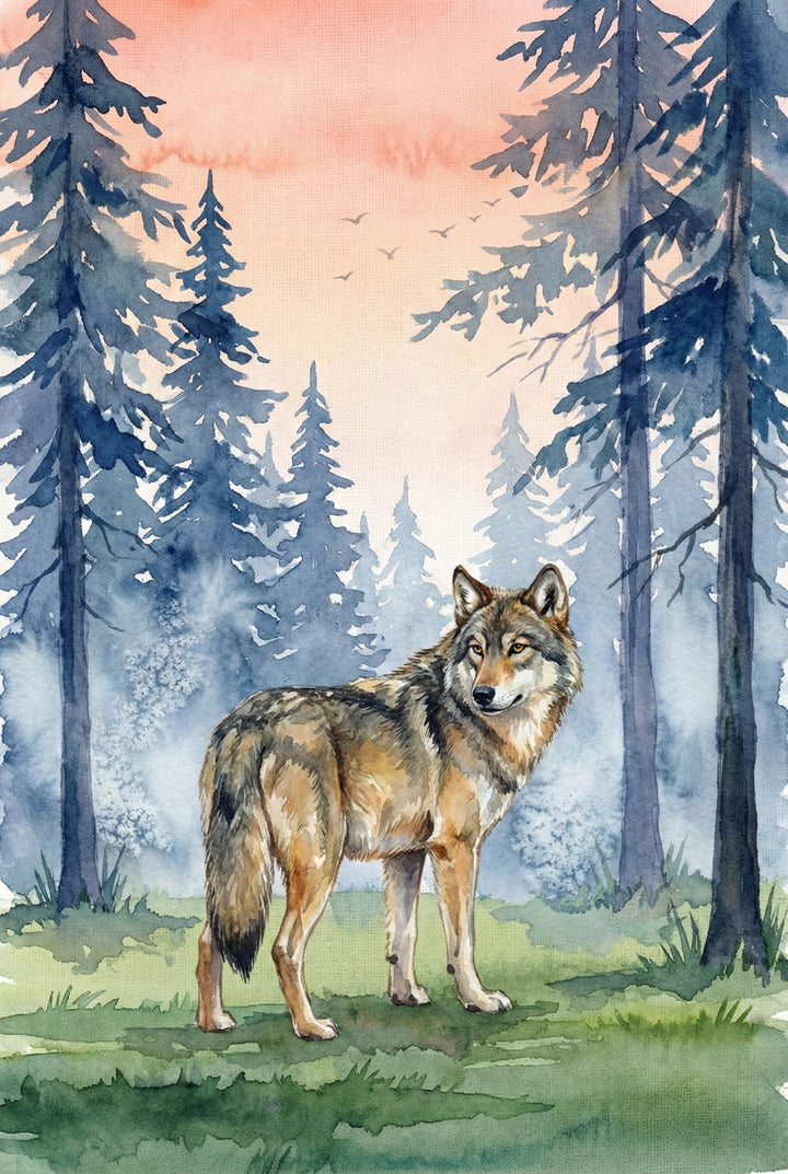Watercolor illustration of a wolf standing alert on green grass surrounded by tall blue toned pine trees. Soft mist lingers between the trees beneath a warm pink sky. The wolf’s upright posture conveys watchfulness within its woodland habitat.