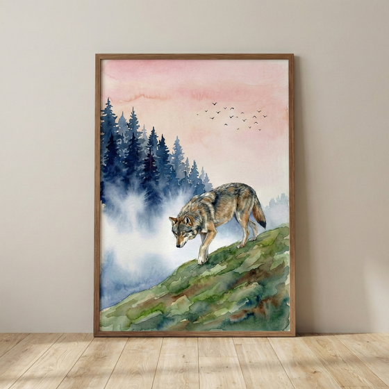 A framed piece of watercolor-style art leaning against a plain wall on a light wood floor. The artwork depicts a grey and brown wolf walking down a mossy, green hill. In the background, dark blue pine trees are visible through a thick layer of white mist. The upper portion of the art features a soft pink sky with a small flock of birds flying in the distance. The piece is encased in a simple, natural wood frame.