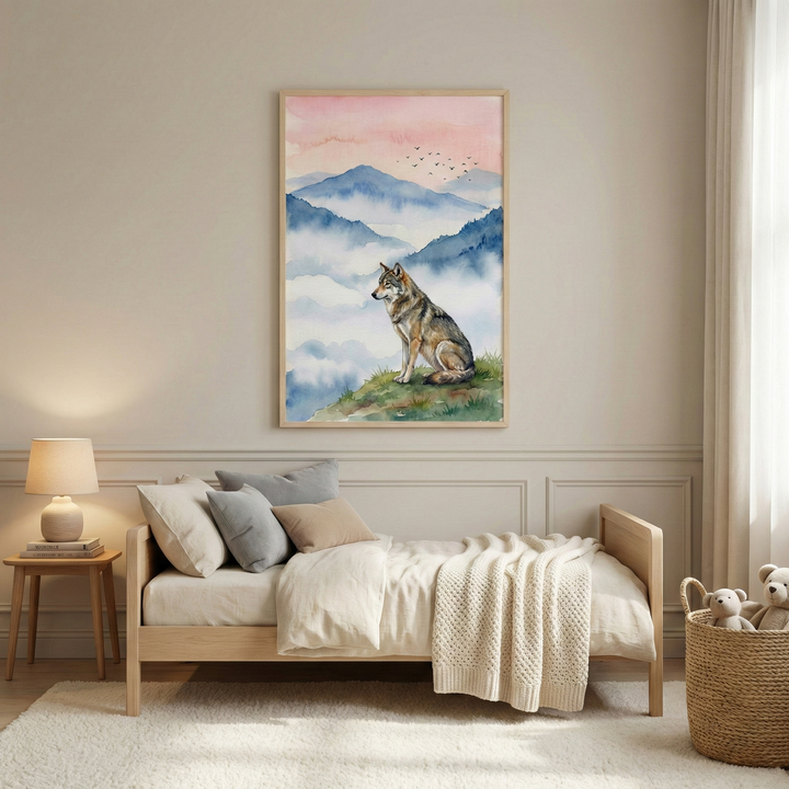 A serene, minimalist bedroom features a large, framed piece of artwork as its focal point. The illustration, created in a soft watercolor style, depicts a lone wolf sitting on a grassy ledge. In the background, misty blue mountain ranges recede into a pale peach and pink sky dotted with a small flock of birds.