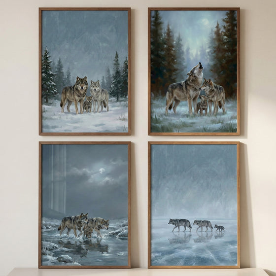 Four framed paintings show a wolf family moving through quiet winter landscapes. The scenes include wolves standing together in snowy forests, one wolf lifting its head to howl beneath a pale moon, a pack walking through shallow icy water, and wolves crossing a frozen lake with a small pup following behind. The cool blue tones and misty skies create a calm atmospheric wilderness series.