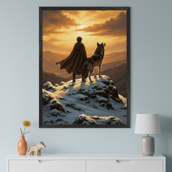 A large framed artwork centered above depicts a cloaked person and a wolf on a snowy peak looking at an orange sunset, in a dramatic, illustrative style.