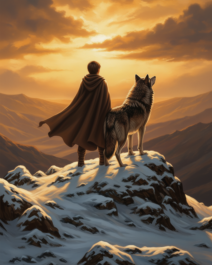 A person in a cloak stands beside a wolf on a snow-covered mountain peak, gazing at a dramatic sunset with glowing clouds and expansive, rolling hills in the distance.