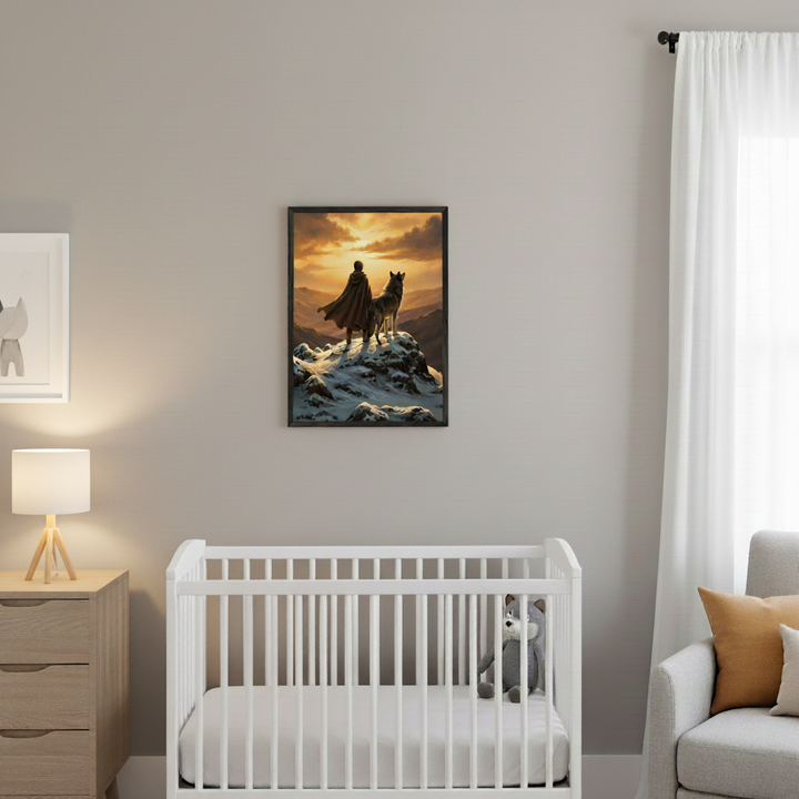Nursery room with a white crib, light wood dresser, and gray armchair. A framed realistic painting of a person in a cape and a wolf on a snowy mountain peak at sunset hangs above the crib.