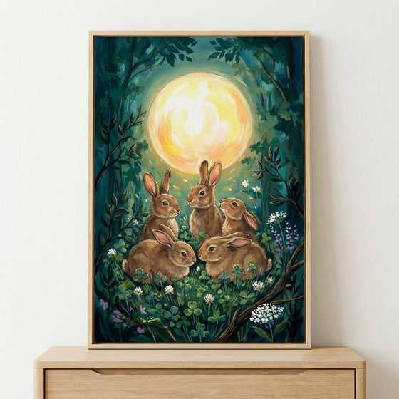 A vertical framed artwork depicts five brown rabbits gathered together in a clearing of clovers and small flowers. Above them, a large, glowing yellow full moon illuminates a dense forest of dark green and teal foliage. The scene has a soft, whimsical feel with visible textures and a warm, moonlit glow.