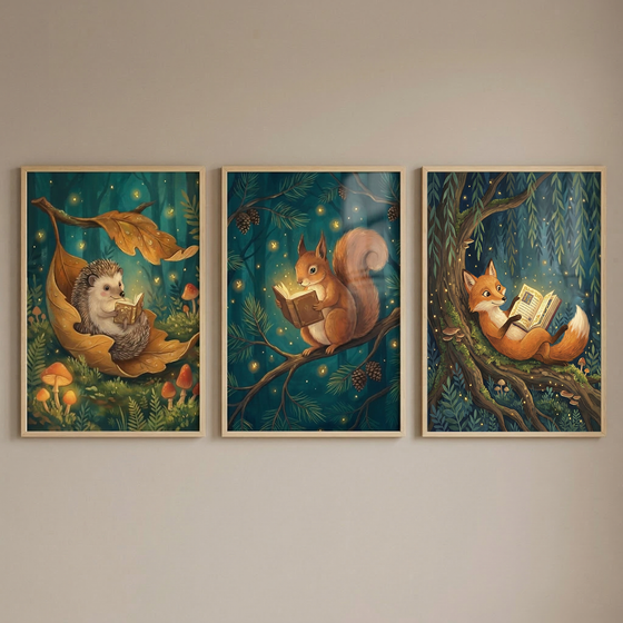 Three framed illustrations hang side-by-side on a plain, light beige wall. Each vertical artwork features a different small woodland animal reading an open book in a magical, nighttime forest.
The illustration on the left shows a small hedgehog nestled inside a large, golden-brown leaf that curls like a cozy hammock, surrounded by glowing mushrooms.