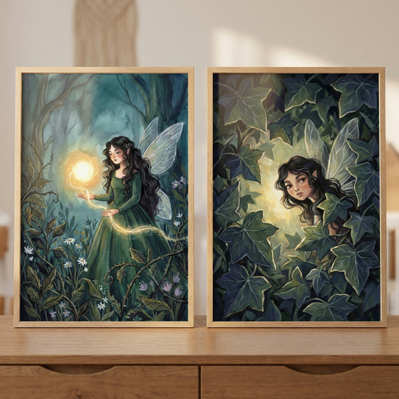 Two framed vertical illustrations sit on a wooden surface. The left image shows a fairy with long dark hair and translucent wings in a dark forest. She wears a green dress and holds a glowing golden orb with a trail of light. The right image is a close-up of the same character peeking through large, dark ivy leaves, with a warm light glowing from behind her. Both pieces feature a whimsical, detailed art style with a focus on magical nature themes.