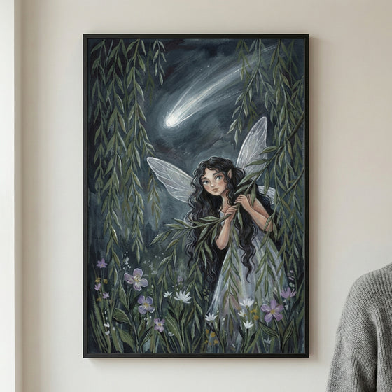 A framed vertical illustration depicts a winged female figure with long, dark wavy hair nestled among hanging willow branches and a field of wildflowers. She has large, soft eyes and is dressed in a light, flowing garment. Behind her, a brilliant comet with a long, glowing trail streaks through the dark nighttime sky. The art style features visible textures and a whimsical, ethereal atmosphere.