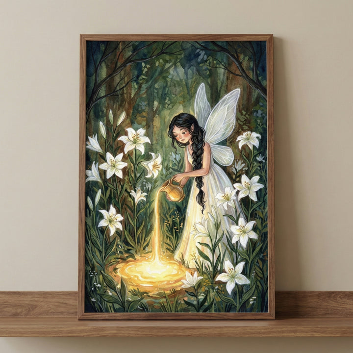 A framed vertical illustration of a fairy with long dark hair braided over her shoulder and large, translucent white wings. She is wearing a simple white dress and stands in a lush forest filled with tall white lilies. She holds a small pitcher, pouring a glowing golden liquid into a luminous pool at her feet. The warm light from the pool illuminates the surrounding flowers and the lower half of her dress against the dark, shadowy trees in the background. The art piece is encased in a slim wooden frame and