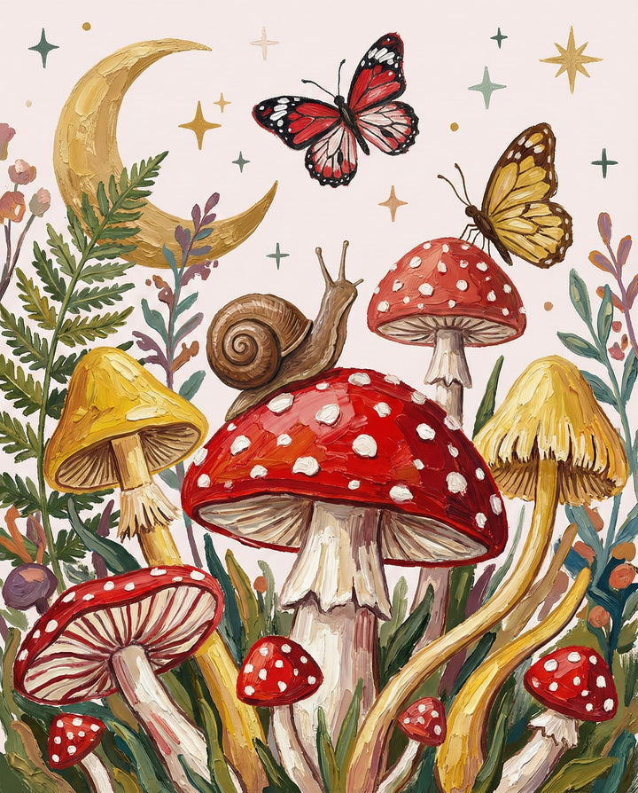 A playful and colorful illustration of various mushrooms in a garden, featuring snails, butterflies, and celestial elements like the moon and stars. The bright colors and dreamy atmosphere make this piece appealing to both children and adults who love fantasy and nature-inspired art.