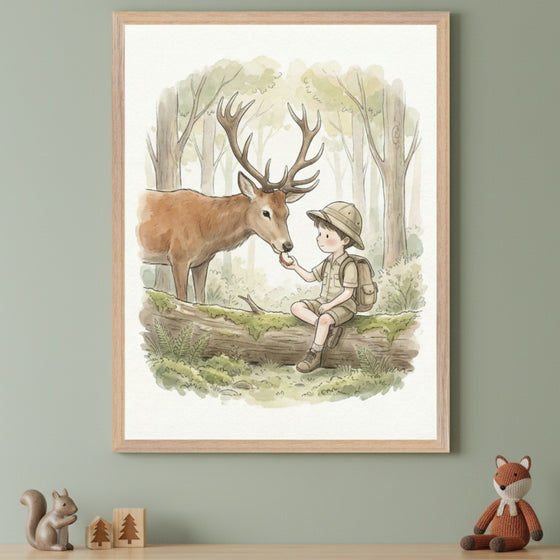 Kid's room with a sage green wall. A framed watercolor illustration of a boy feeding an apple to a deer in a forest hangs above a wooden shelf. A squirrel, wooden tree blocks, and a knitted fox toy are on the shelf.