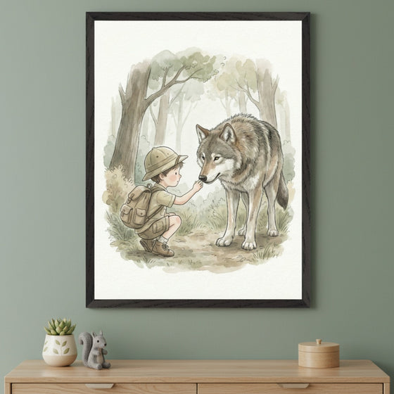 Modern room with a sage green wall and a light wood dresser. A large black-framed watercolor of a boy in a safari hat touching a wolf's nose in a forest hangs above the dresser.