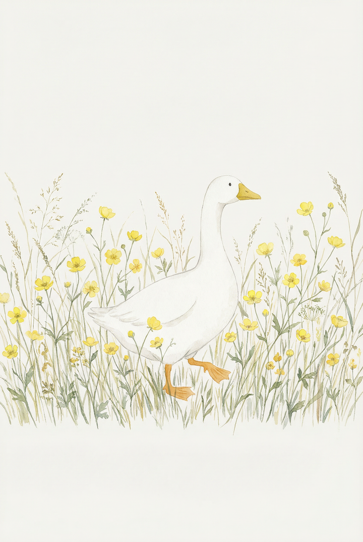 Soft watercolor illustration of a white duck walking through a field of delicate yellow wildflowers and tall grasses on a light neutral background. The airy composition and muted tones create a gentle countryside feel.