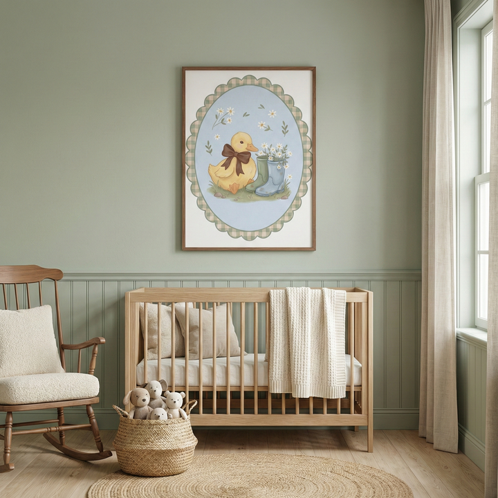 A serene nursery features sage green walls with vertical paneling. A light wood crib is dressed with a cream-colored knit throw and neutral pillows. To the left, a wooden rocking chair has a plush off-white cushion. On the light wood floor, a circular jute rug and a woven basket filled with soft teddy bears add texture. Centered above the crib is a framed illustration of a cute yellow duckling wearing a bow, perched beside floral-filled blue boots within a decorative oval border.