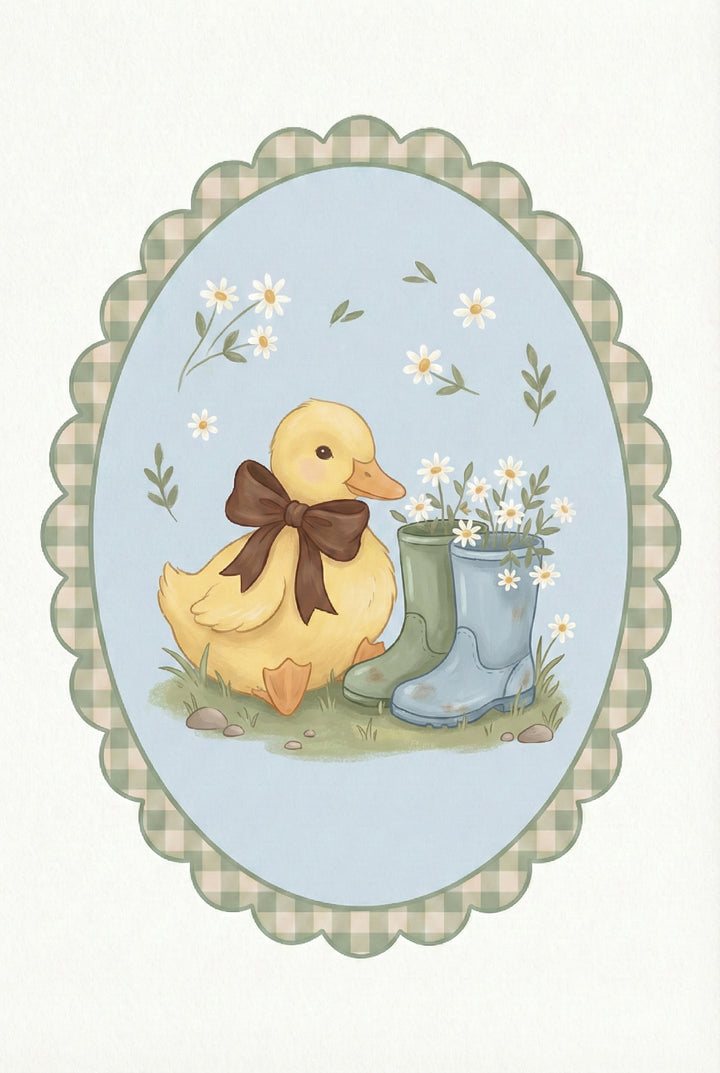Oval framed watercolor of a duckling wearing a brown bow sitting beside two rain boots filled with white daisies. The boots rest on grass and small stones against a pale blue background with scattered leaves.
