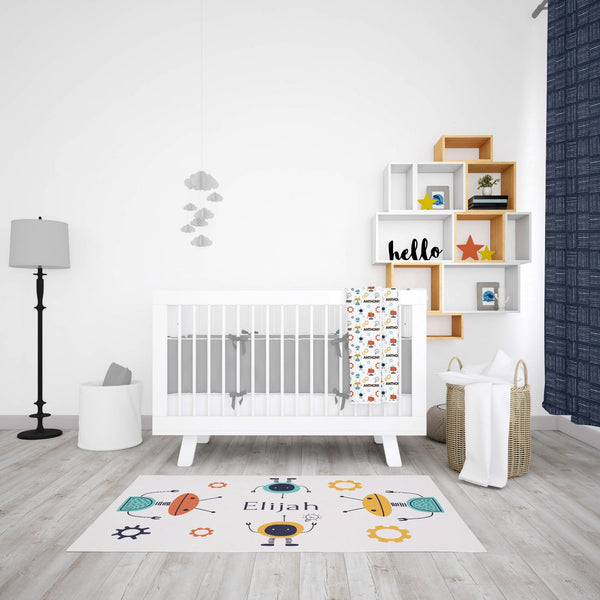 Personalized Robot Area Rug for Nurseries and Kid's Rooms - Nuts and Bolts