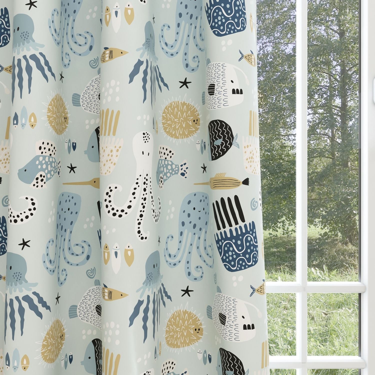 Under The Sea Sheer Curtain, Single Panel, Ocean animals nursery, Baby Sea nursery curtains, kids room or playroom curtains selling - Deep Ocean