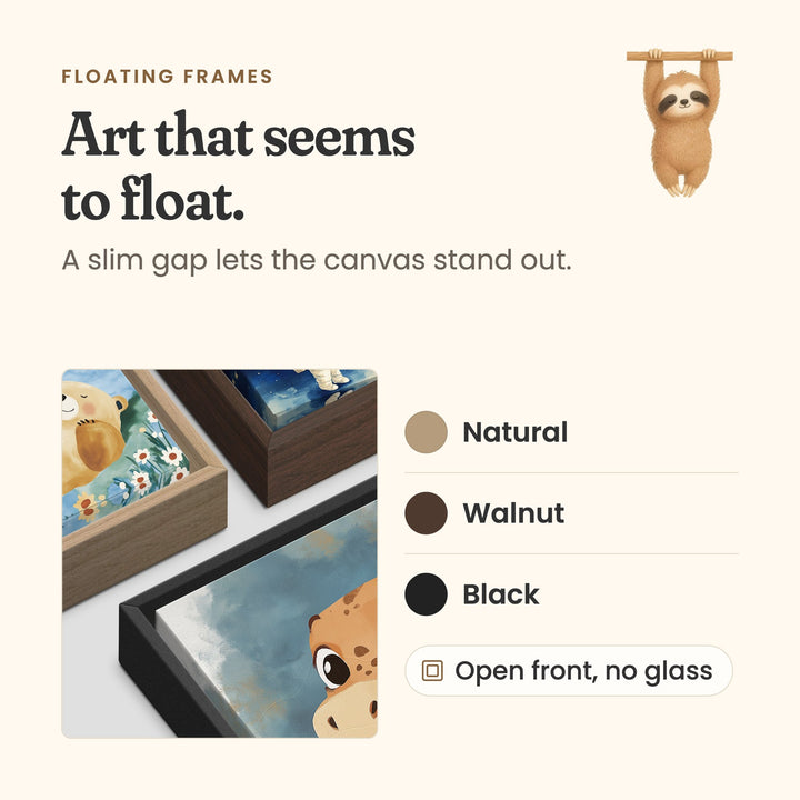 Floating canvas frames in natural, walnut and black