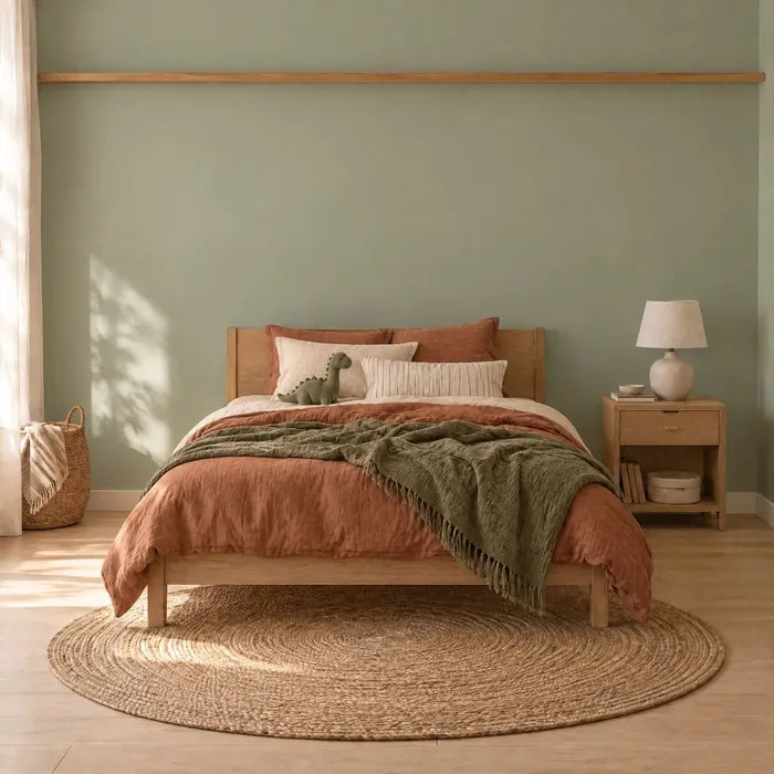 Dinosaur kids' room with three framed dinosaur prints above the bed
