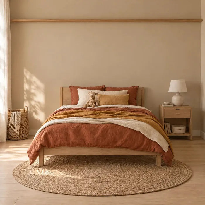 Safari kids' room with framed lion cub, giraffe and elephant prints above the bed