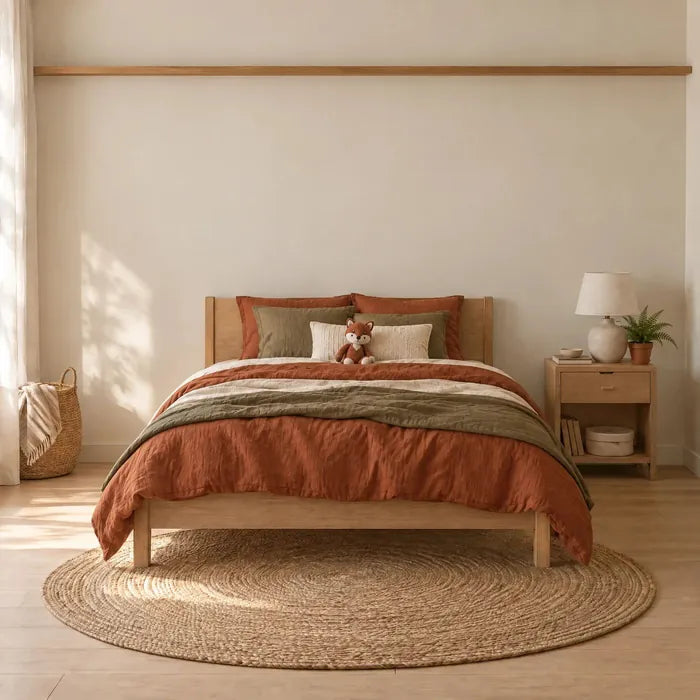 Woodland kids' room with framed deer, bear and fox prints above the bed