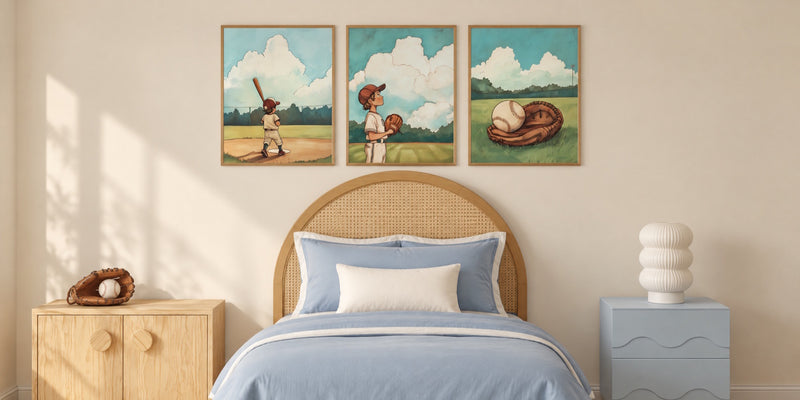 Baseball room for boys: three ballpark prints over a honey cane twin bed with blue bedding, a powder blue nightstand and a soft cream rug
