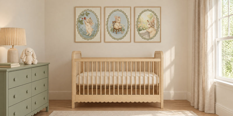 Bunny nursery: natural wood crib under three gingham-framed bunny prints, sage dresser and cream rug