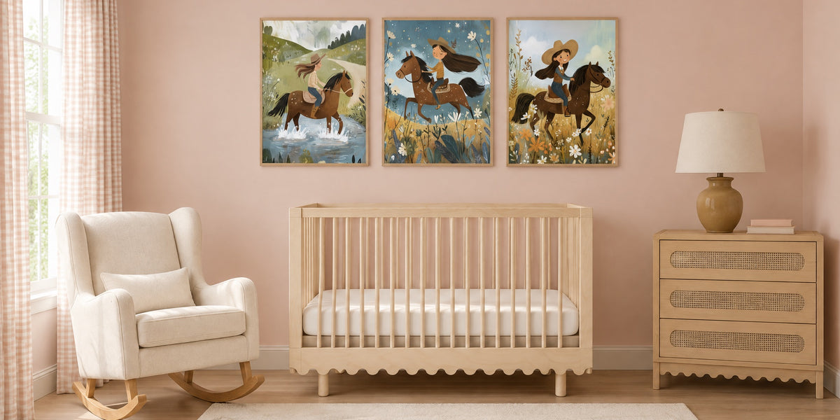 Cowgirl nursery: blush pink walls, three framed prints of a little cowgirl riding her horse above a natural wood crib, a cream rocker and a cane dresser