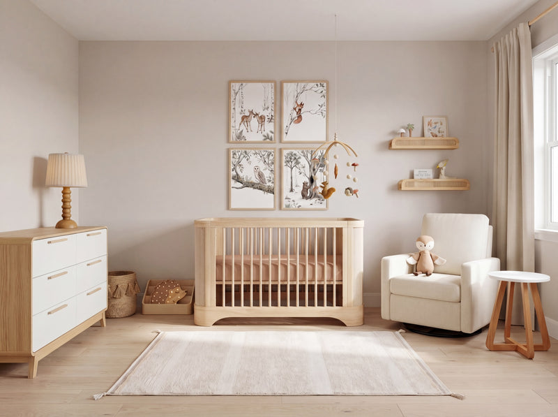 Gender neutral woodland nursery concept by Teepee Joy with a birch grove animal art set hung above a pale pine crib, cream swivel glider, white and oak dresser, and a striped cream rug