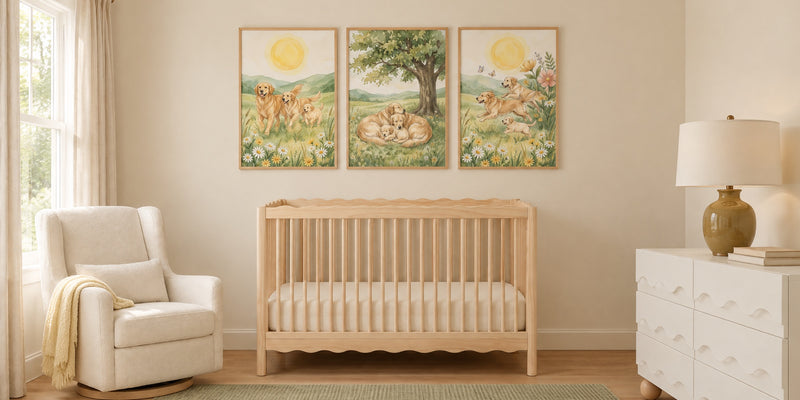 Dog themed nursery: three golden retriever family prints above a light wood crib, with an ivory glider and a white wave dresser