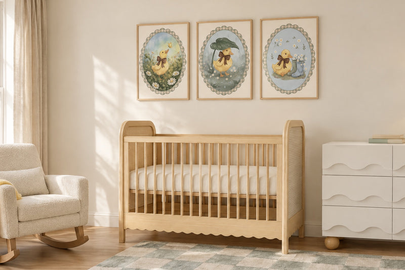 Duck nursery: three framed yellow duckling prints above a natural wood crib, with a cream rocker, white dresser and sage checked rug