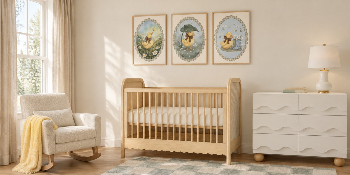 Duck nursery: three framed yellow duckling prints above a natural wood crib, with a cream rocker, white dresser and sage checked rug