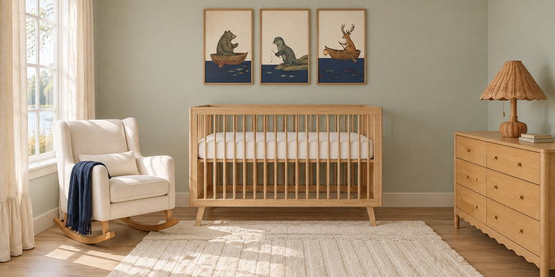 Fishing nursery with three framed prints of a bear, an otter and a deer fishing above a natural wood crib, a cream rocking chair and a shaggy cream rug