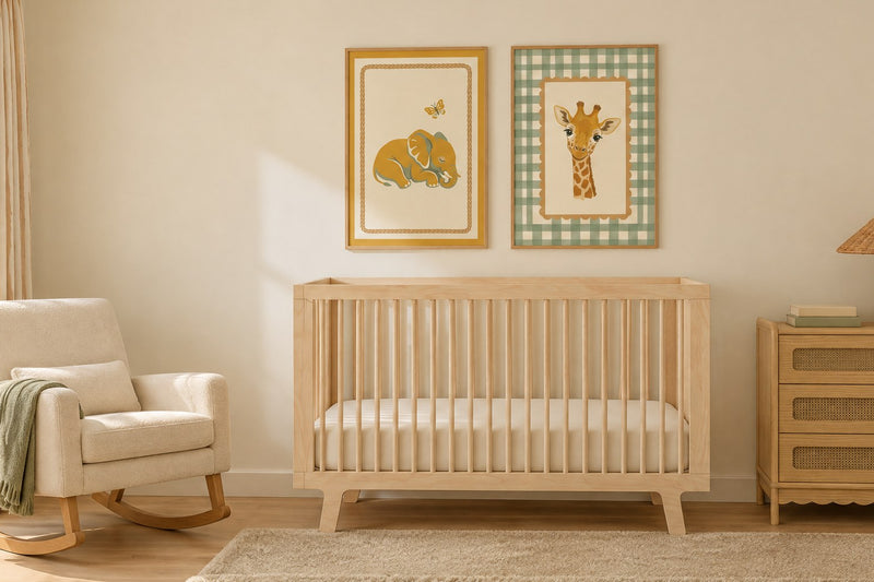Safari nursery theme: a calm baby room with sleeping elephant and gingham giraffe prints above a birch crib