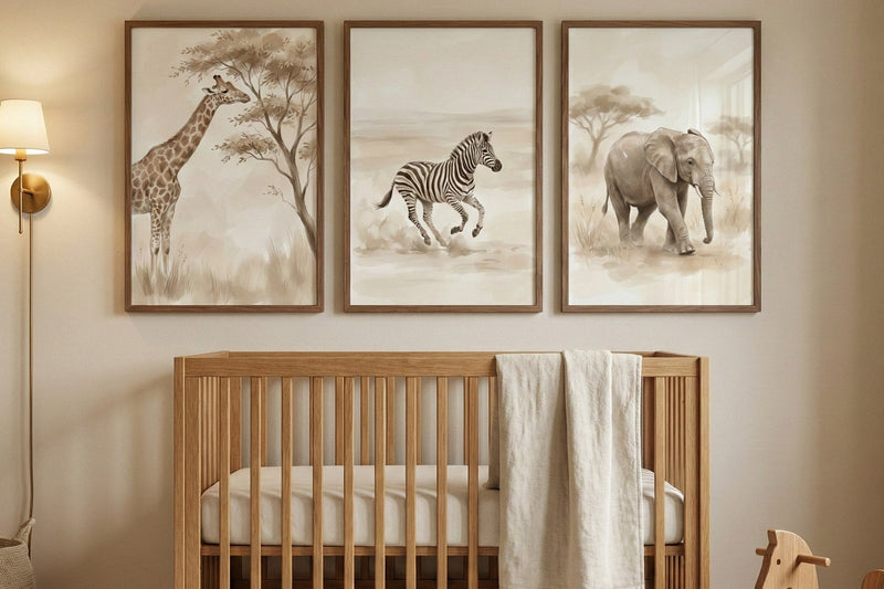 Neutral safari animal prints above a crib