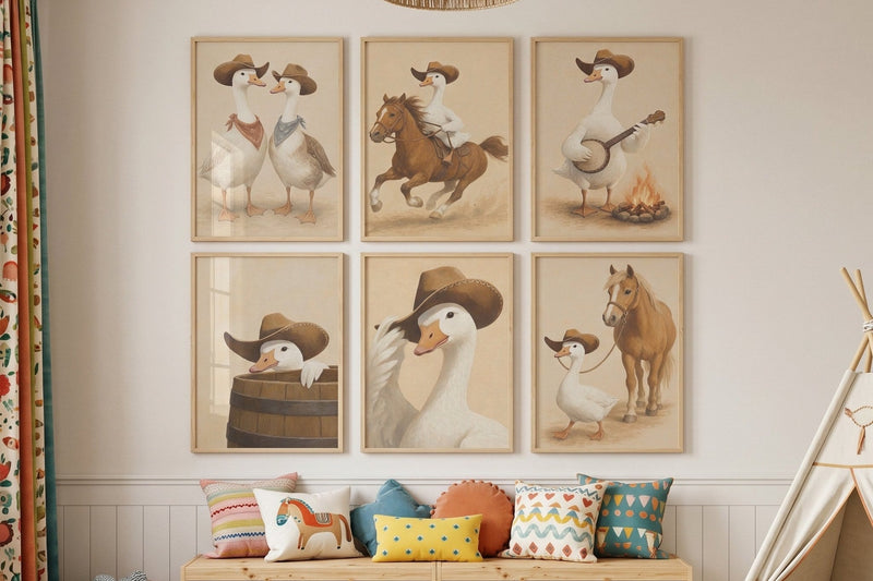 Cowboy geese gallery wall in a playroom