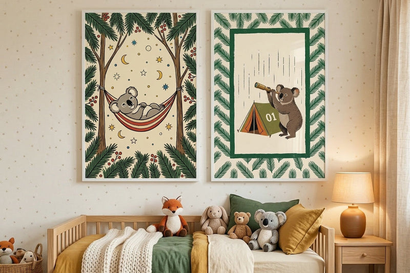 Koalas out camping above a kids' bed