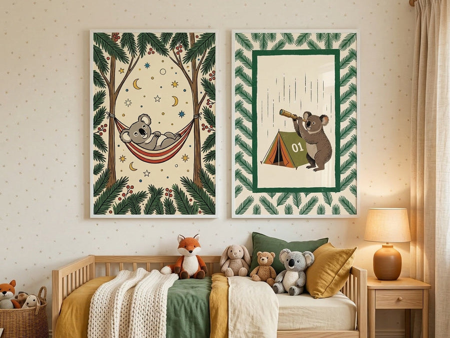 Koalas out camping above a kids' bed